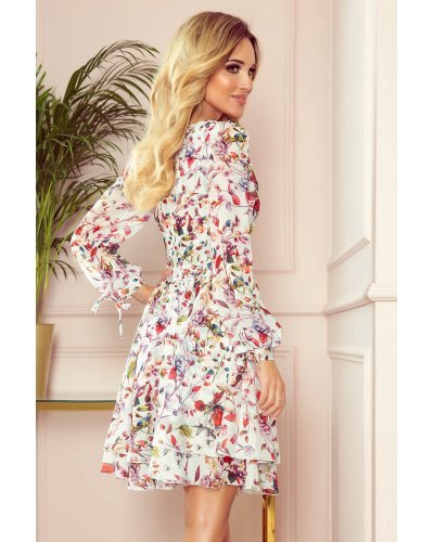 Rochie scurta, din chiffon, ecru, cu flori colorate, Lily  Rochii de zi, Rochie scurta, din chiffon, ecru, cu flori colorate, Lily  - jojofashion.ro