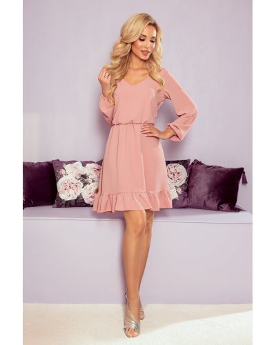 Rochie roz pudra scurta cu maneca lunga si volan Danielle Rochii de zi, Rochie roz pudra scurta cu maneca lunga si volan Danielle - jojofashion.ro