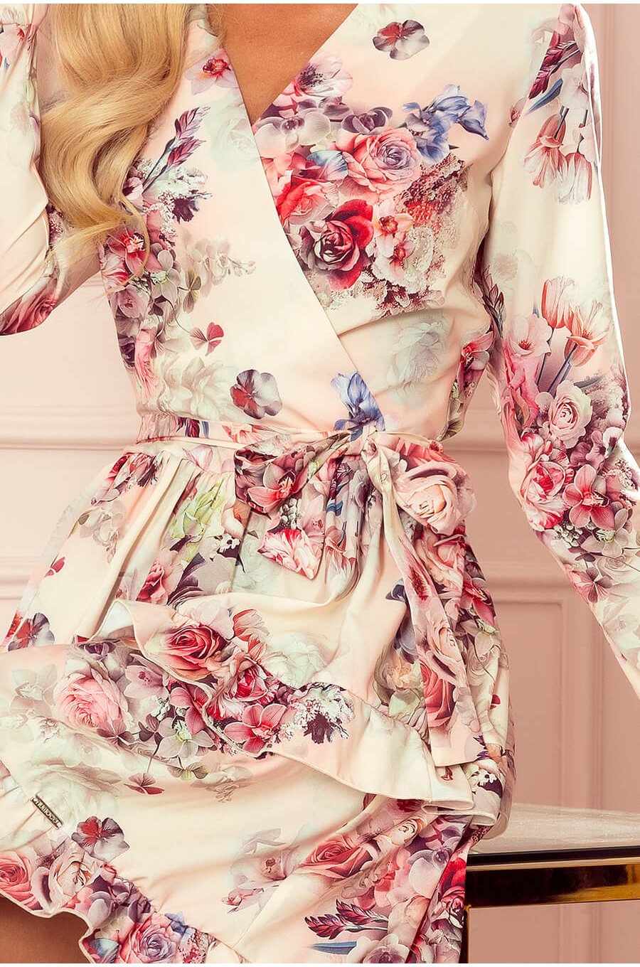 Rochie scurta cu flori cu maneca lunga cu volane Rosina 5 - jojofashion.ro