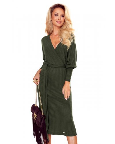 Rochie tricotata, eleganta, midi, kaki, cu decolteu plic Danyela Rochii de zi, Rochie tricotata, eleganta, midi, kaki, cu decolteu plic Danyela - jojofashion.ro