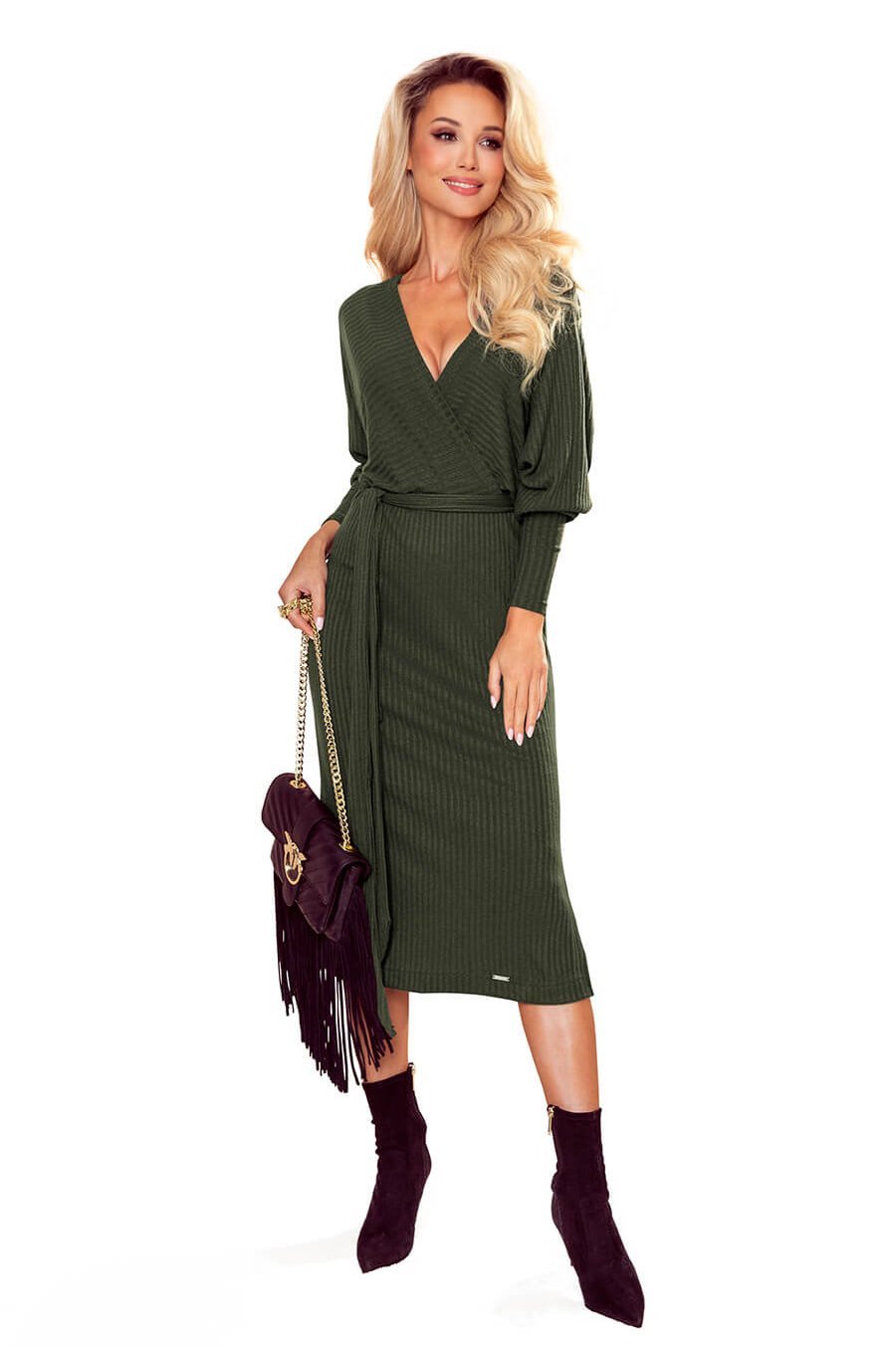 Rochie tricotata, eleganta, midi, kaki, cu decolteu plic Danyela 3 - jojofashion.ro
