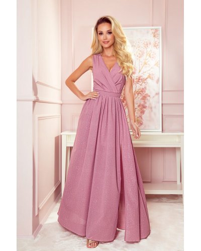 Rochie lunga roz prafuit vaporoasa cu glitter Aida Rochii lungi, Rochie lunga roz prafuit vaporoasa cu glitter Aida - jojofashion.ro