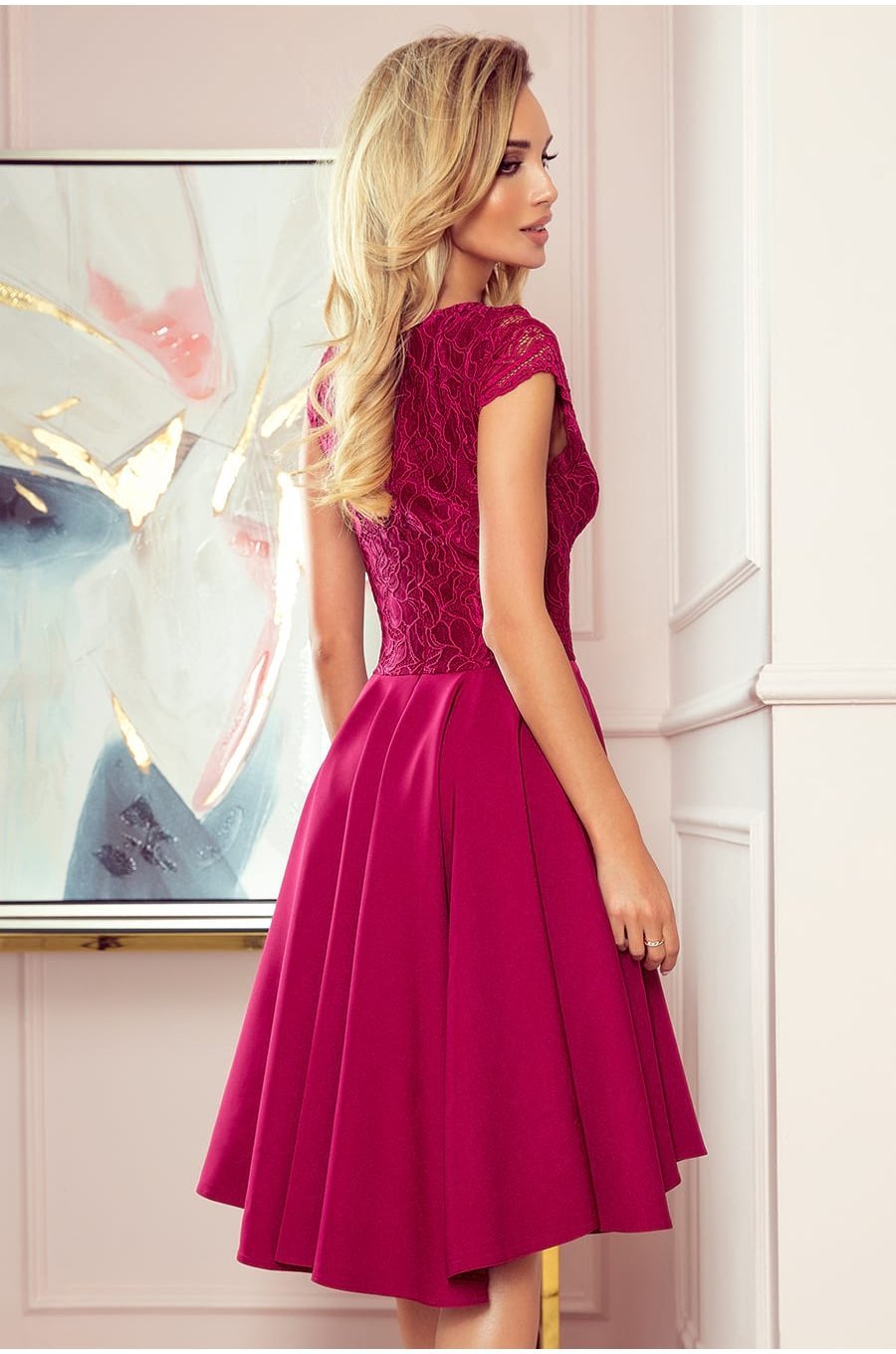 Rochie midi cu dantela burgundy Ivy 2 - jojofashion.ro