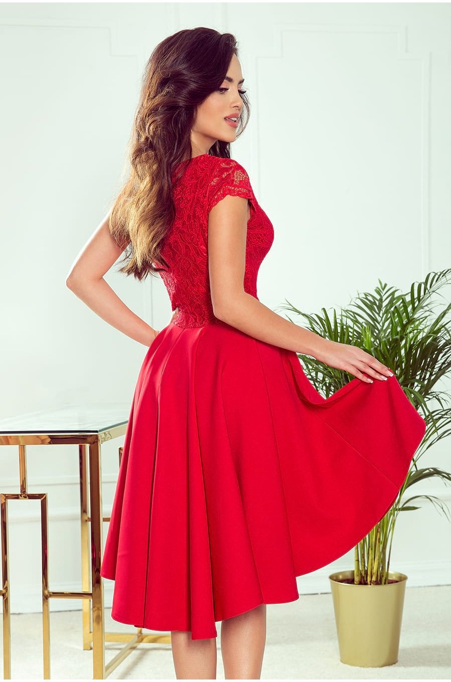 Rochie midi rosie cu dantela Ivy 2 - jojofashion.ro