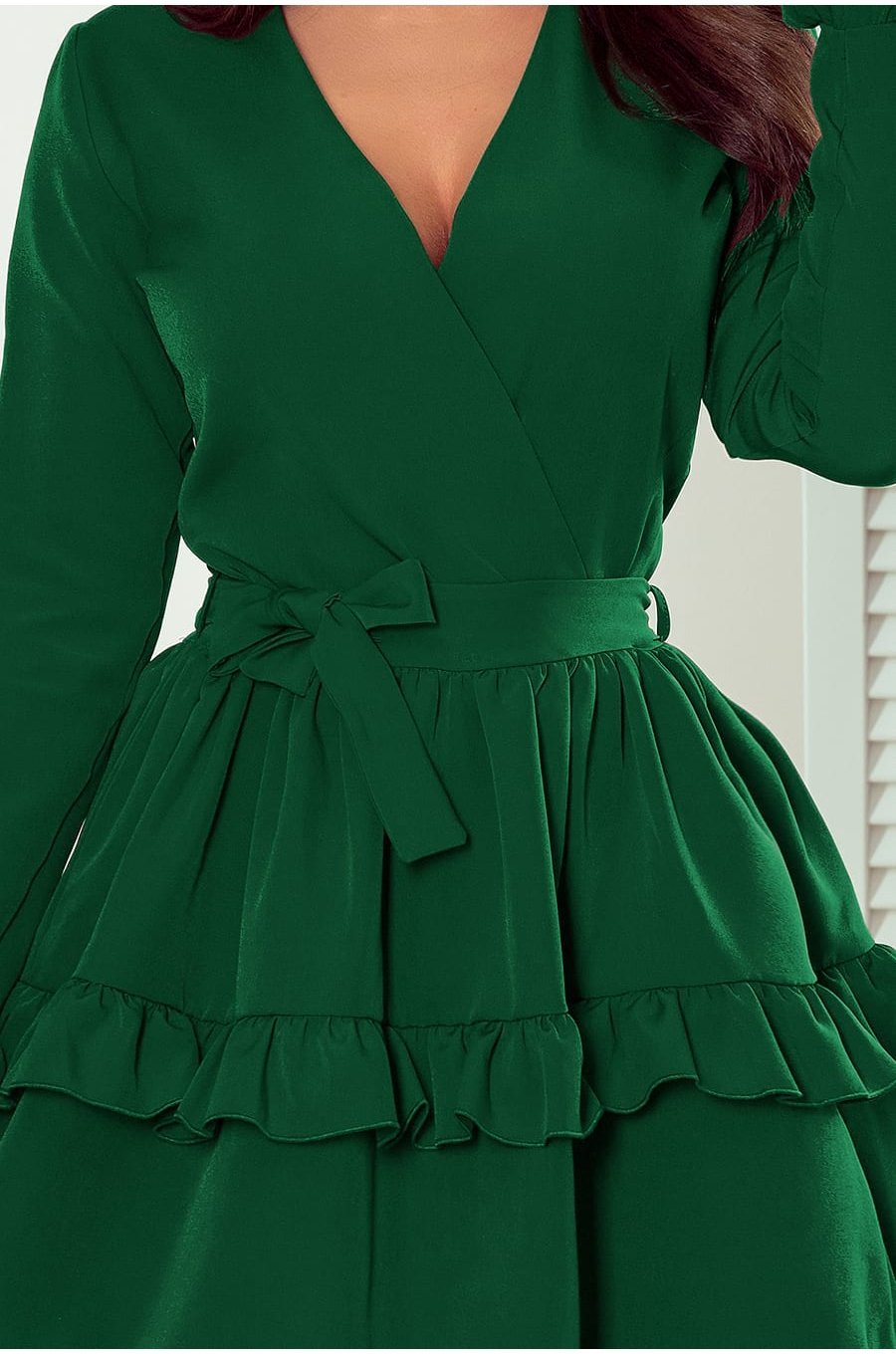 Rochie de zi scurta cu volane suprapuse verde smarald Rosina 2 - jojofashion.ro