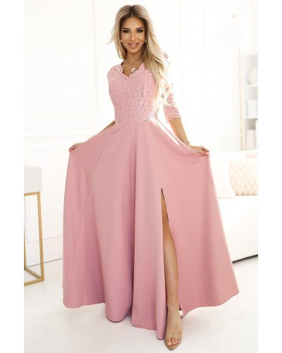 Rochie de seara eleganta roz pudra din dantela cu maneca lunga Allegria Rochii lungi, Rochie de seara eleganta roz pudra din dantela cu maneca lunga Allegria - jojofashion.ro