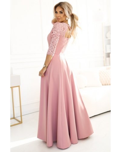 Rochie de seara eleganta roz pudra din dantela cu maneca lunga Allegria Rochii lungi, Rochie de seara eleganta roz pudra din dantela cu maneca lunga Allegria - jojofashion.ro