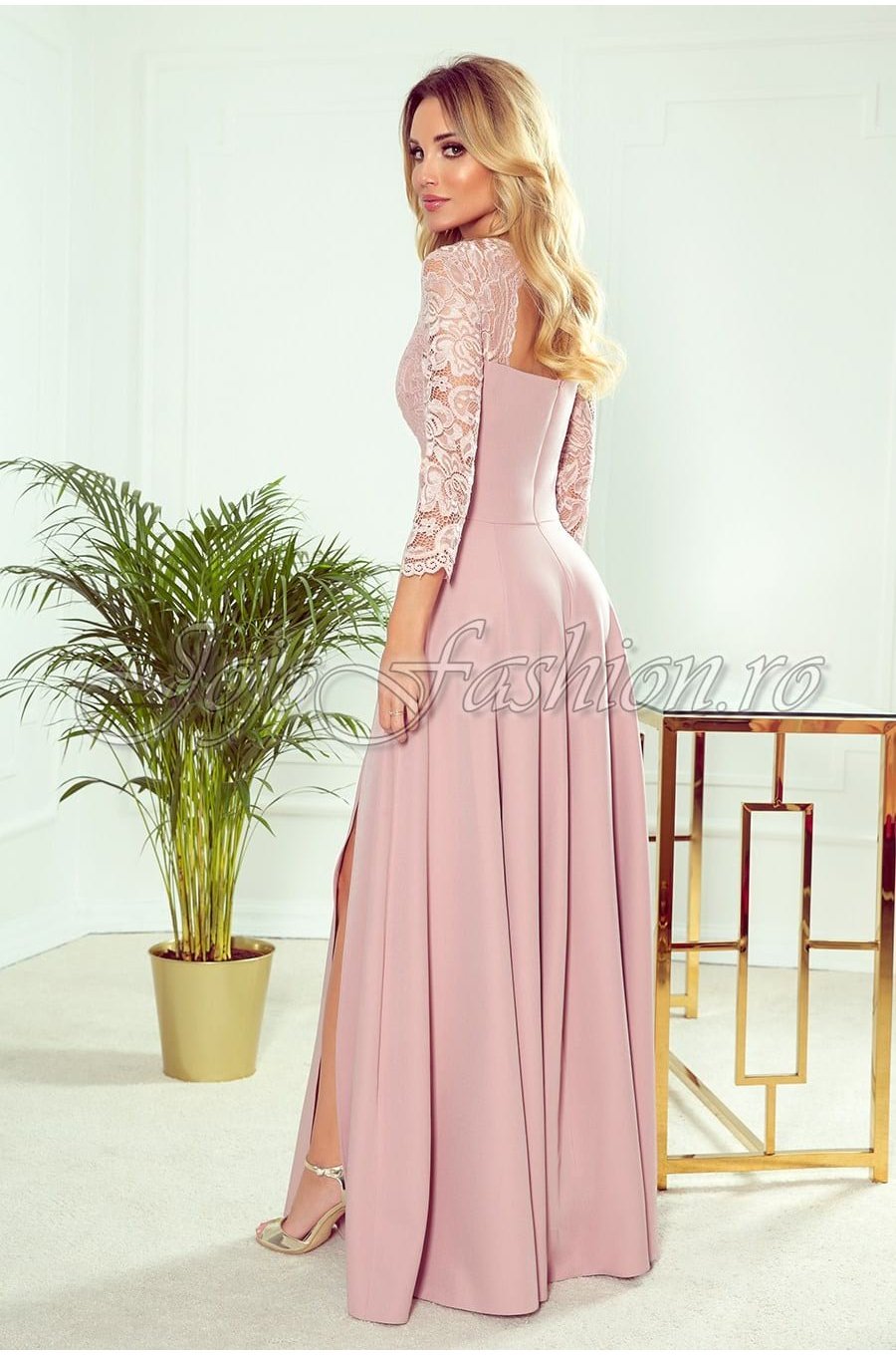 Rochie de ocazie eleganta lunga, cu dantela, roz pal, vaporoasa, cu maneca lunga, Allegria 3 - jojofashion.ro