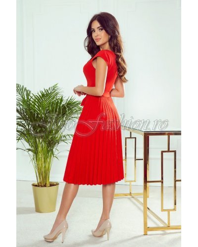 Rochie rosie midi plisata Karima  Rochii de zi, Rochie rosie midi plisata Karima  - jojofashion.ro