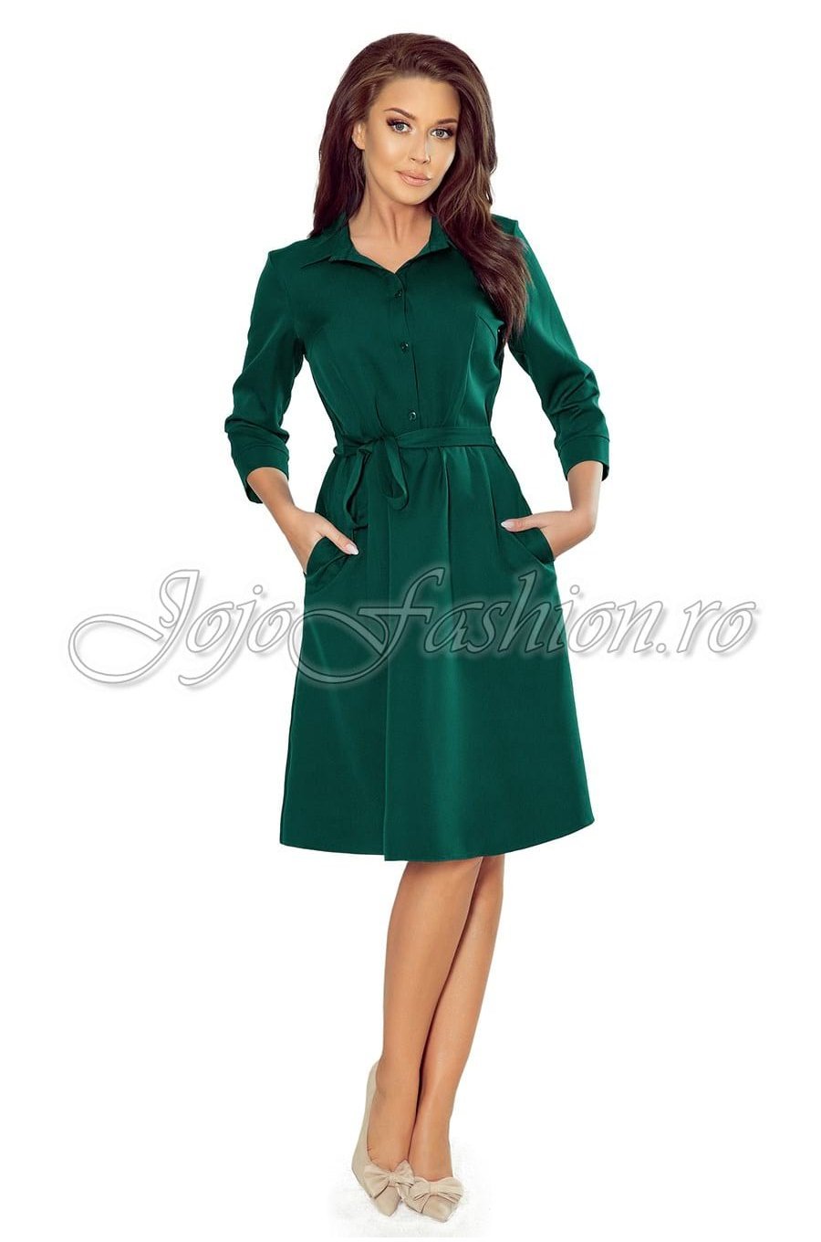 Rochie de zi office midi, verde, tip camasa, cu maneca lunga, Melina 2 - jojofashion.ro