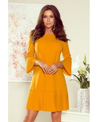 Rochie scurta, galben mustar, cu volan plisat, Codruta Rochii de zi, Rochie scurta, galben mustar, cu volan plisat, Codruta - jojofashion.ro