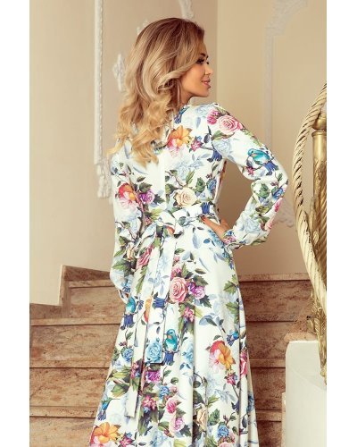 Rochie alba lunga cu flori multicolore cu maneca lunga suprapusa Rosella Rochii de zi, Rochie alba lunga cu flori multicolore cu maneca lunga suprapusa Rosella - jojofashion.ro