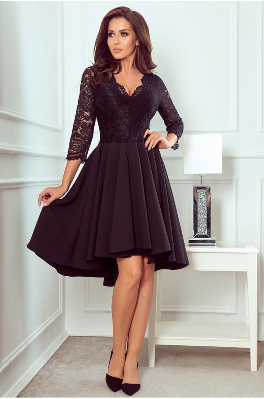 Rochie eleganta midi, dantela, neagra, cu maneca lunga, asimetrica, Anastasia  1 - jojofashion.ro