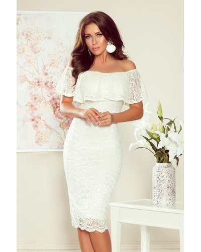 Rochie cununie civila midi, din dantela, alba, cu umerii goi, cu volan, Cosette  Rochii cununie civila, Rochie cununie civila midi, din dantela, alba, cu umerii goi, cu volan, Cosette  - jojofashion.ro