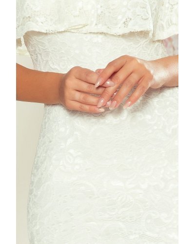 Rochie cununie civila midi, din dantela, alba, cu umerii goi, cu volan, Cosette  Rochii cununie civila, Rochie cununie civila midi, din dantela, alba, cu umerii goi, cu volan, Cosette  - jojofashion.ro