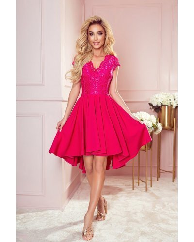Rochie midi roz zmeura cu dantela Ivy Rochii roz, Rochie midi roz zmeura cu dantela Ivy - jojofashion.ro