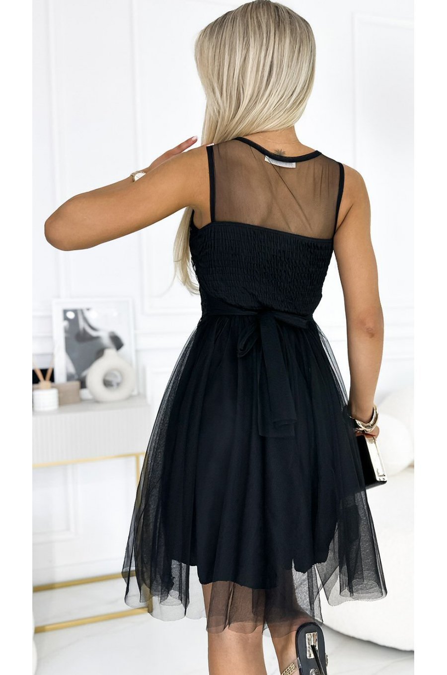 Rochie de ocazie baby doll scurta, din tulle si dantela, neagra, Charlene 2 - jojofashion.ro