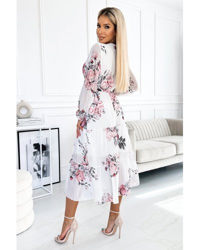 Rochie midi de vara din chiffon ecru cu flori vaporoasa cu volane si maneca lunga Alyna Rochii de vara, Rochie midi de vara din chiffon ecru cu flori vaporoasa cu volane si maneca lunga Alyna - jojofashion.ro