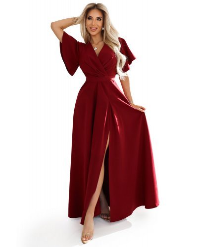 Rochie eleganta lunga burgundy vaporoasa petrecuta Kasandra Rochii lungi, Rochie eleganta lunga burgundy vaporoasa petrecuta Kasandra - jojofashion.ro