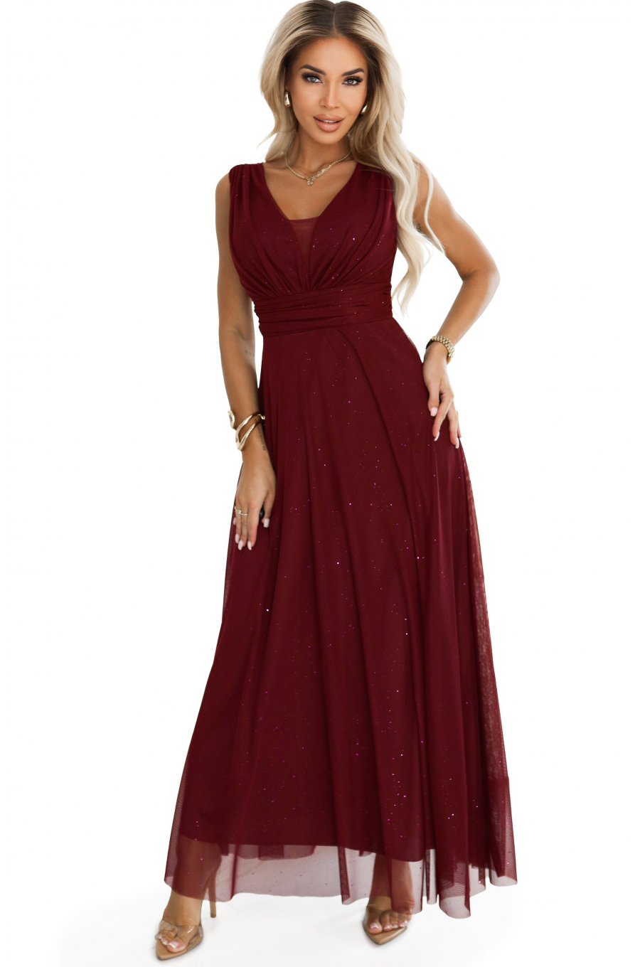 Rochie eleganta lunga burgundy din brocard vaporoasa petrecuta Melania 1 - jojofashion.ro