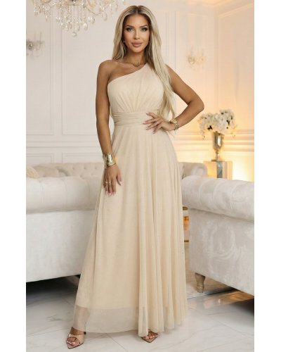Rochie eleganta lunga cu glitter bej sampanie vaporoasa cu un umar gol Azzurra - jojofashion.ro