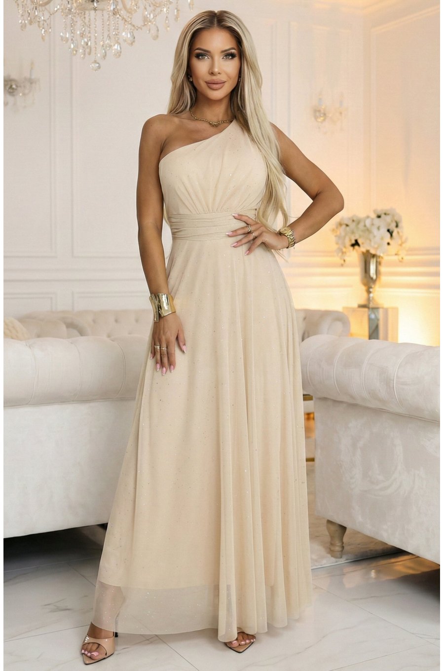 Rochie eleganta lunga cu glitter bej sampanie vaporoasa cu un umar gol Azzurra 1 - jojofashion.ro