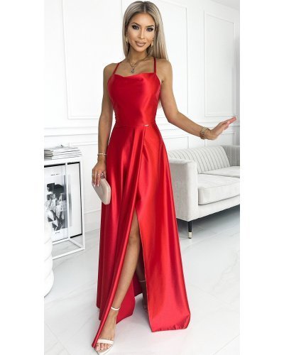 Rochie eleganta lunga din satin rosie cu spatele gol si umerii goi Pearl Rochii, Rochie eleganta lunga din satin rosie cu spatele gol si umerii goi Pearl - jojofashion.ro