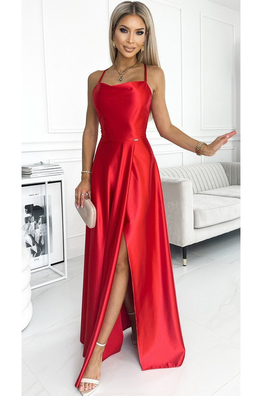 Rochie eleganta lunga din satin rosie cu spatele gol si umerii goi Pearl 1 - jojofashion.ro