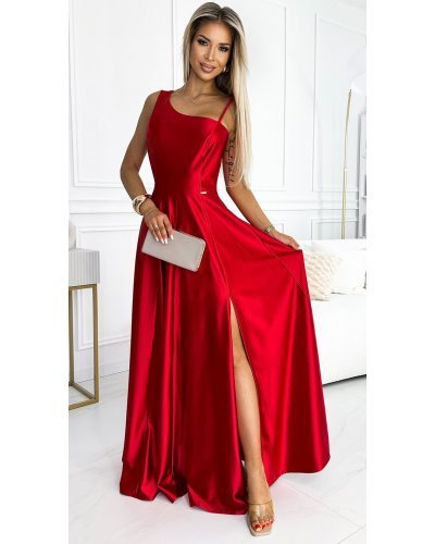 Rochie lunga rosie din satin cu un umar gol Jollie Rochii satin, Rochie lunga rosie din satin cu un umar gol Jollie - jojofashion.ro