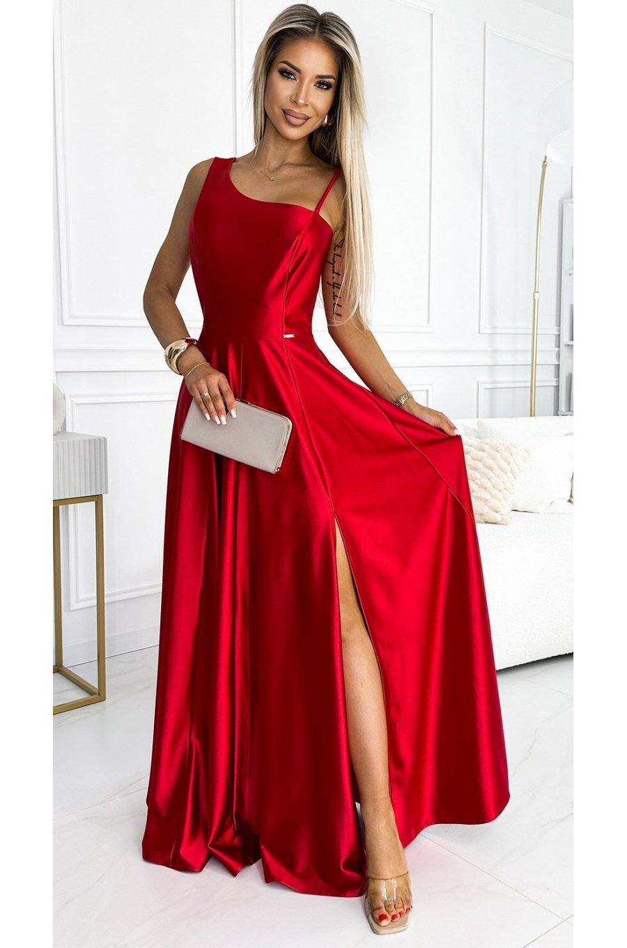 Rochie lunga rosie din satin cu un umar gol Jollie 1 - jojofashion.ro