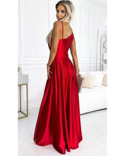 Rochie lunga rosie din satin cu un umar gol Jollie Rochii satin, Rochie lunga rosie din satin cu un umar gol Jollie - jojofashion.ro