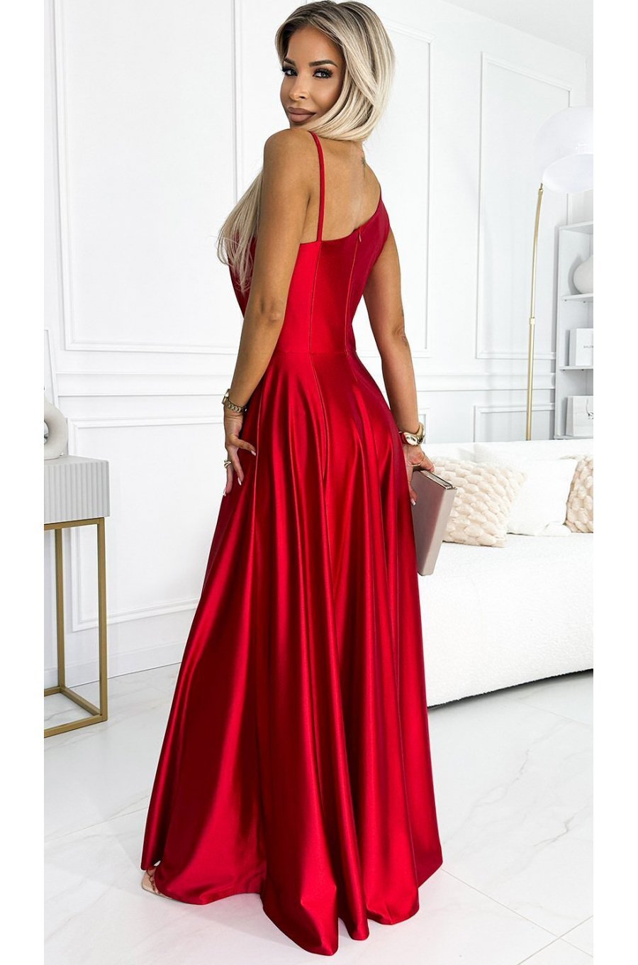 Rochie lunga rosie din satin cu un umar gol Jollie 2 - jojofashion.ro