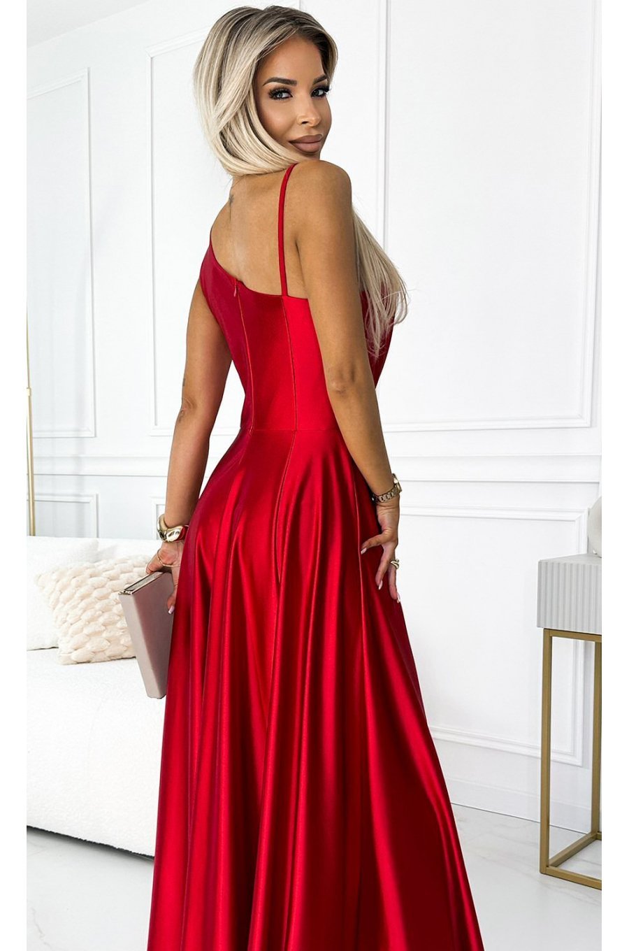 Rochie lunga rosie din satin cu un umar gol Jollie 4 - jojofashion.ro