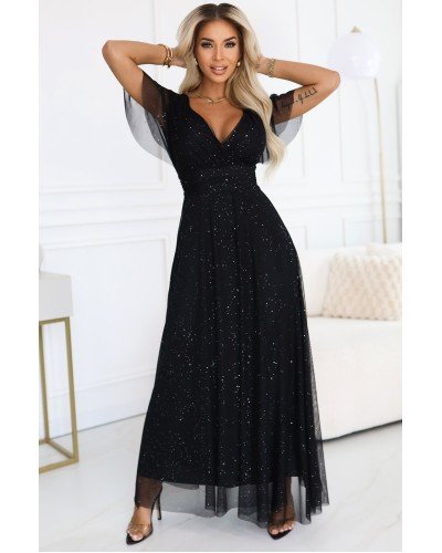 Rochie eleganta lunga neagra din brocard vaporoasa petrecuta Melania Rochii lungi, Rochie eleganta lunga neagra din brocard vaporoasa petrecuta Melania - jojofashion.ro