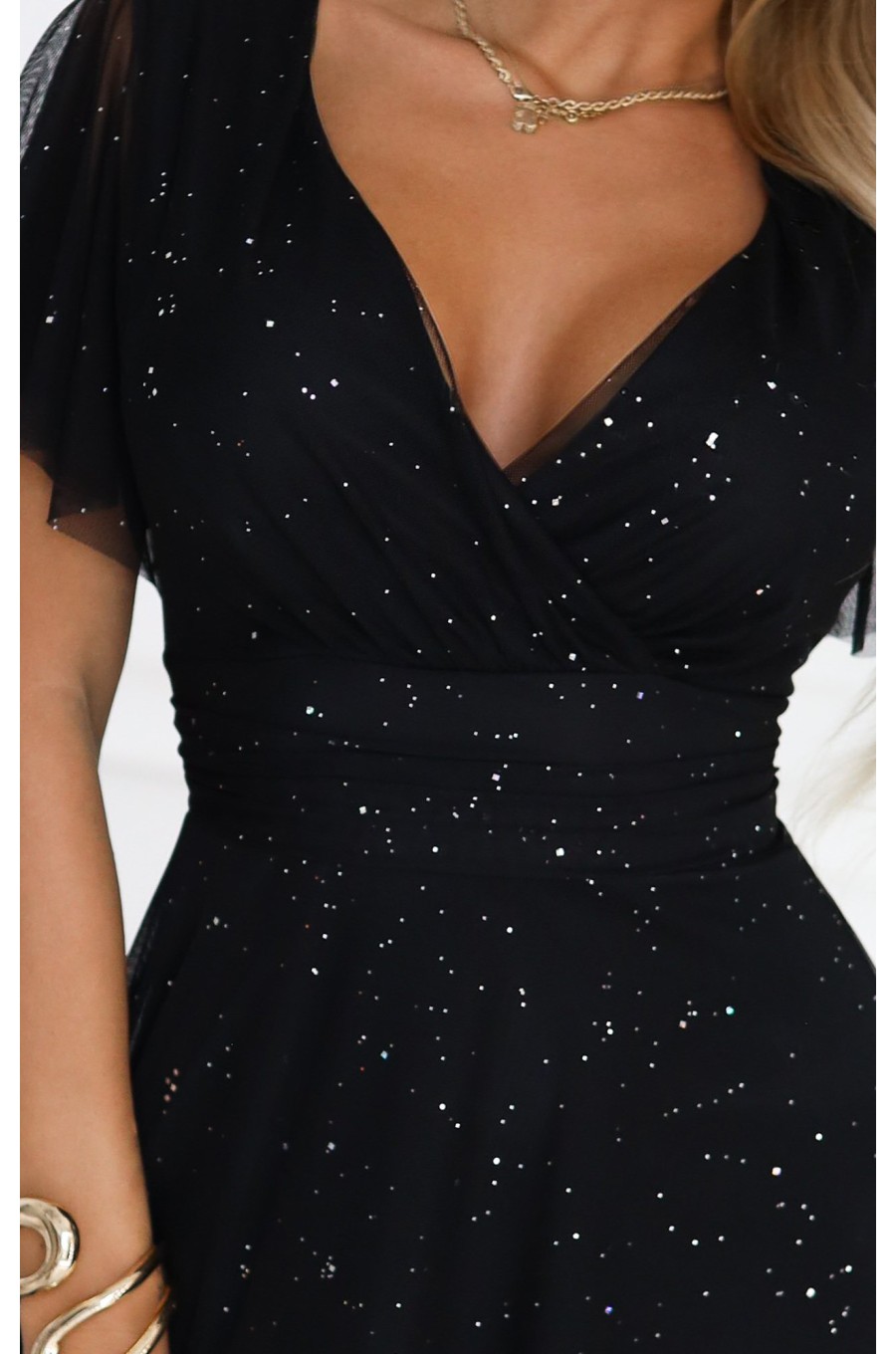 Rochie eleganta lunga neagra din brocard vaporoasa petrecuta Melania 3 - jojofashion.ro