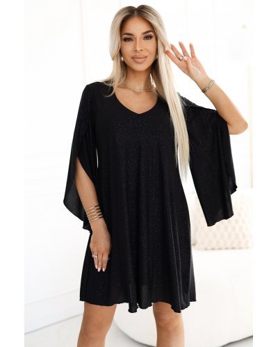 Rochie eleganta midi neagra cu glitter si maneca lunga A-line LiviaN Rochii midi, Rochie eleganta midi neagra cu glitter si maneca lunga A-line LiviaN - jojofashion.ro