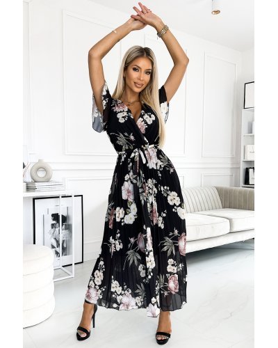Rochie neagra cu flori albe plisata vaporoasa Isolda Rochii de zi, Rochie neagra cu flori albe plisata vaporoasa Isolda - jojofashion.ro