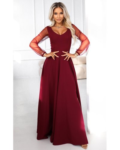 Rochii lungi, Rochie lunga clasica burgundy cu maneca lunga vaporoasa Lorretta - jojofashion.ro