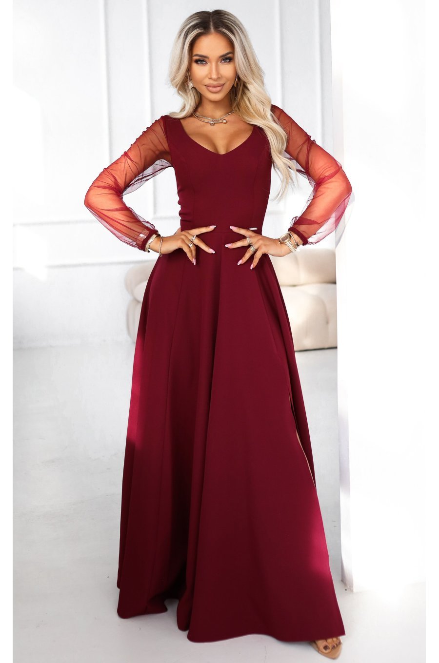 Rochie lunga clasica burgundy cu maneca lunga vaporoasa Lorretta 1 - jojofashion.ro