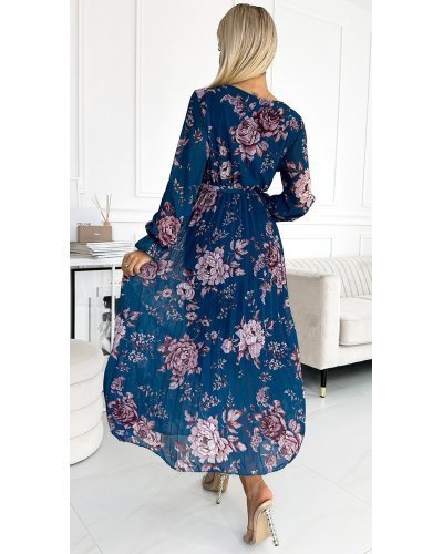 Rochie lunga plisata din chiffon bleu cu flori roz cu maneca lunga Esca Rochii de zi, Rochie lunga plisata din chiffon bleu cu flori roz cu maneca lunga Esca - jojofashion.ro