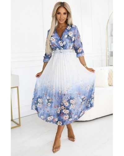 Rochie plisata midi alba cu flori bleu vaporoasa Dahlia Rochii de vara, Rochie plisata midi alba cu flori bleu vaporoasa Dahlia - jojofashion.ro