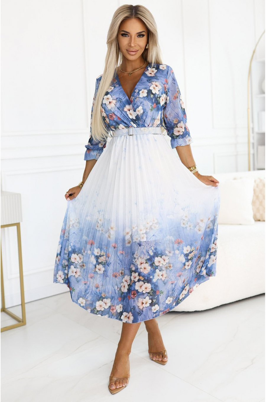Rochie plisata midi alba cu flori bleu vaporoasa Dahlia 1 - jojofashion.ro