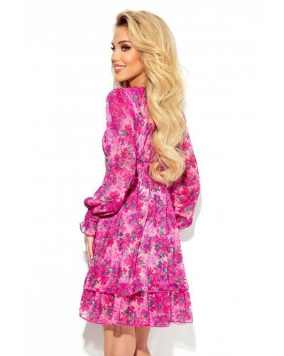 Rochie scurta, din chiffon, roz fucsia, cu flori,  Cosmyna Rochii de zi, Rochie scurta, din chiffon, roz fucsia, cu flori,  Cosmyna - jojofashion.ro