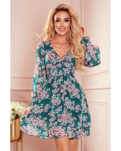 Rochie scurta, din chiffon verde cu flori roz,  Cosmyna - jojofashion.ro