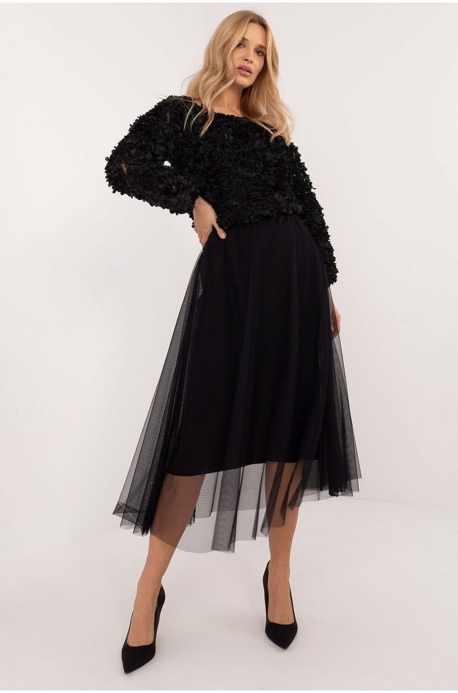 Fusta evazata din tulle, midi, neagra, vaporoasa, Angela Fusta evazata din tulle, midi, neagra, vaporoasa, Angela 4 - jojofashion.ro