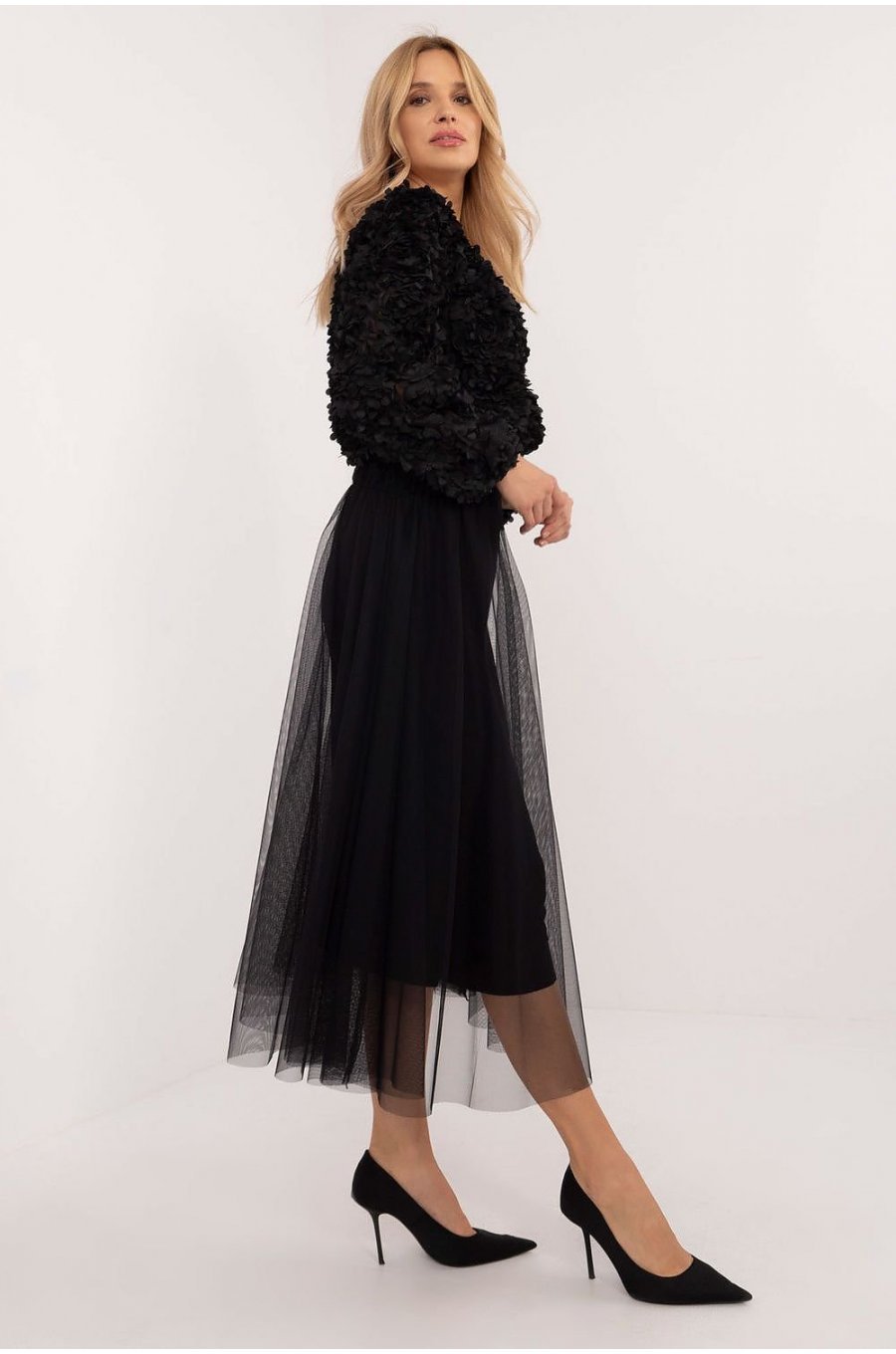 Fusta evazata din tulle, midi, neagra, vaporoasa, Angela Fusta evazata din tulle, midi, neagra, vaporoasa, Angela 3 - jojofashion.ro