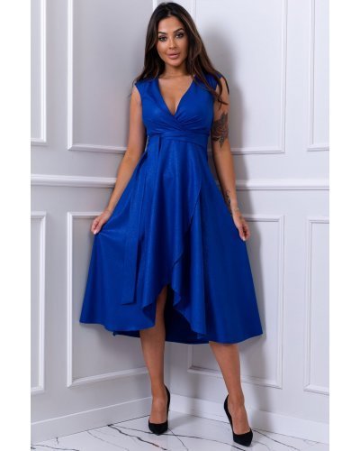 Rochie midi eleganta albastra din brocard petrecuta Greta Rochii de nasa, Rochie midi eleganta albastra din brocard petrecuta Greta - jojofashion.ro