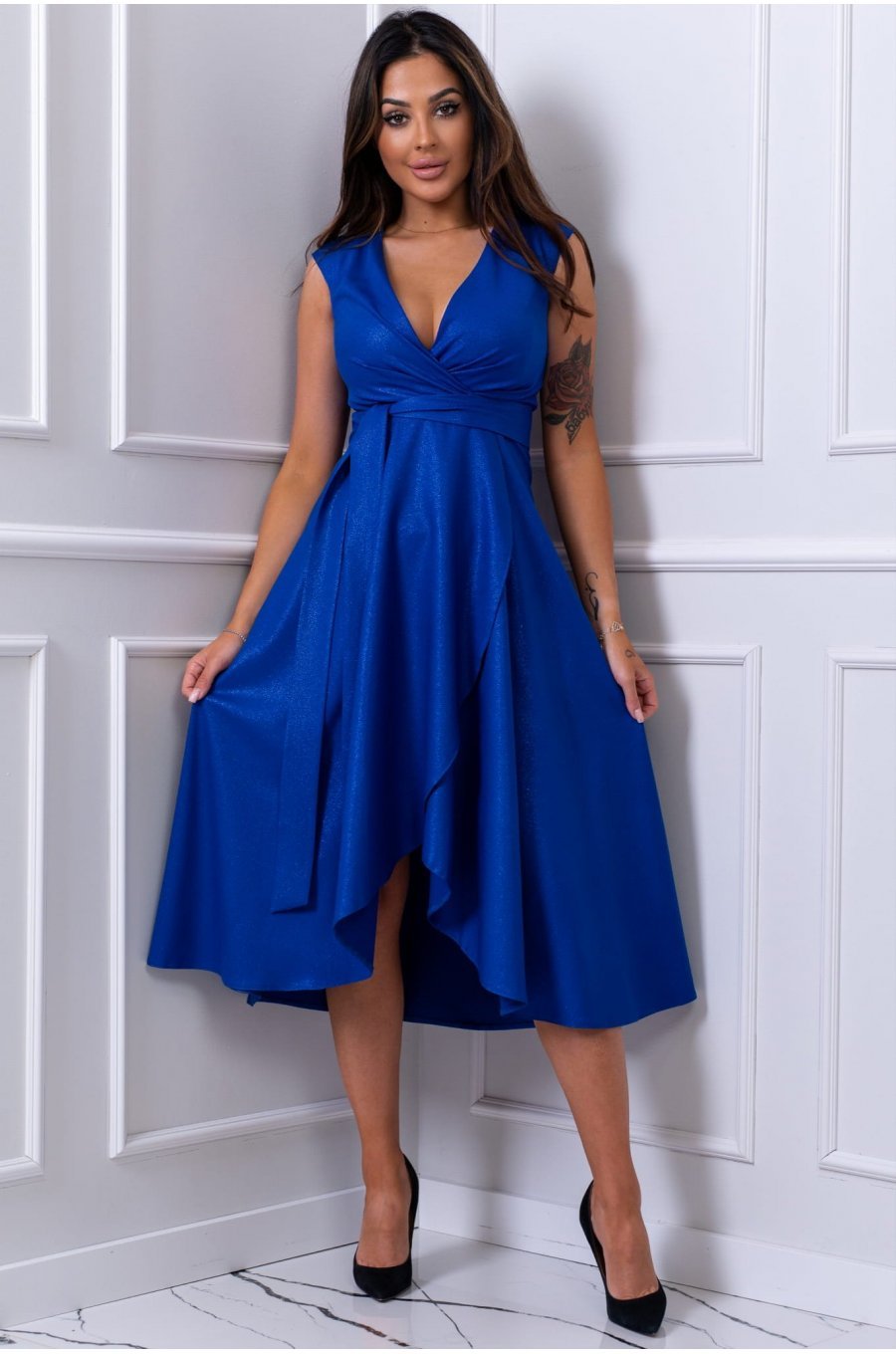 Rochie midi eleganta albastra din brocard petrecuta Greta 2 - jojofashion.ro
