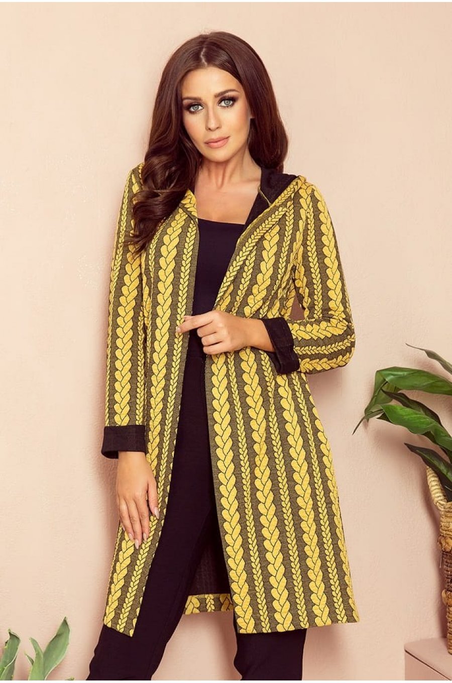 Cardigan cu gluga si buzunare mustar Londa 1 - jojofashion.ro