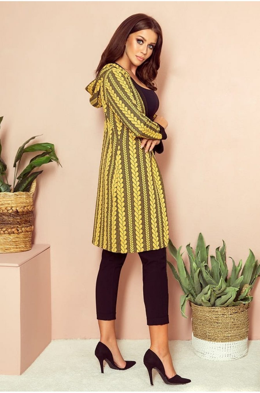 Cardigan cu gluga si buzunare mustar Londa 4 - jojofashion.ro